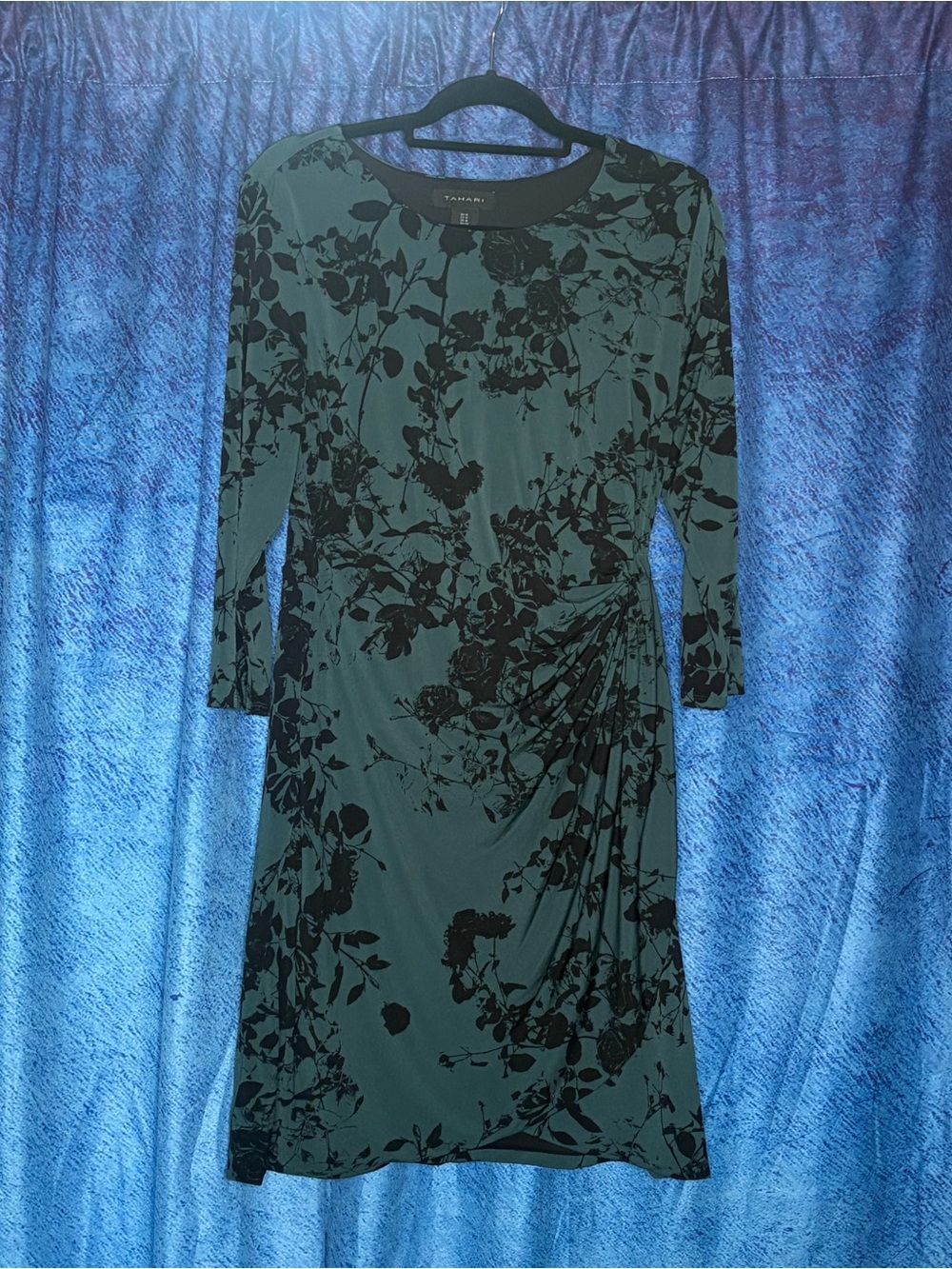 Tahari Green Floral Ruched Sheath Dress with Black Print